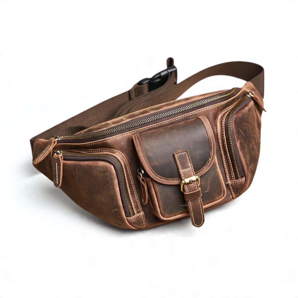 Sac banane homme en cuir vintage avec détails élégants