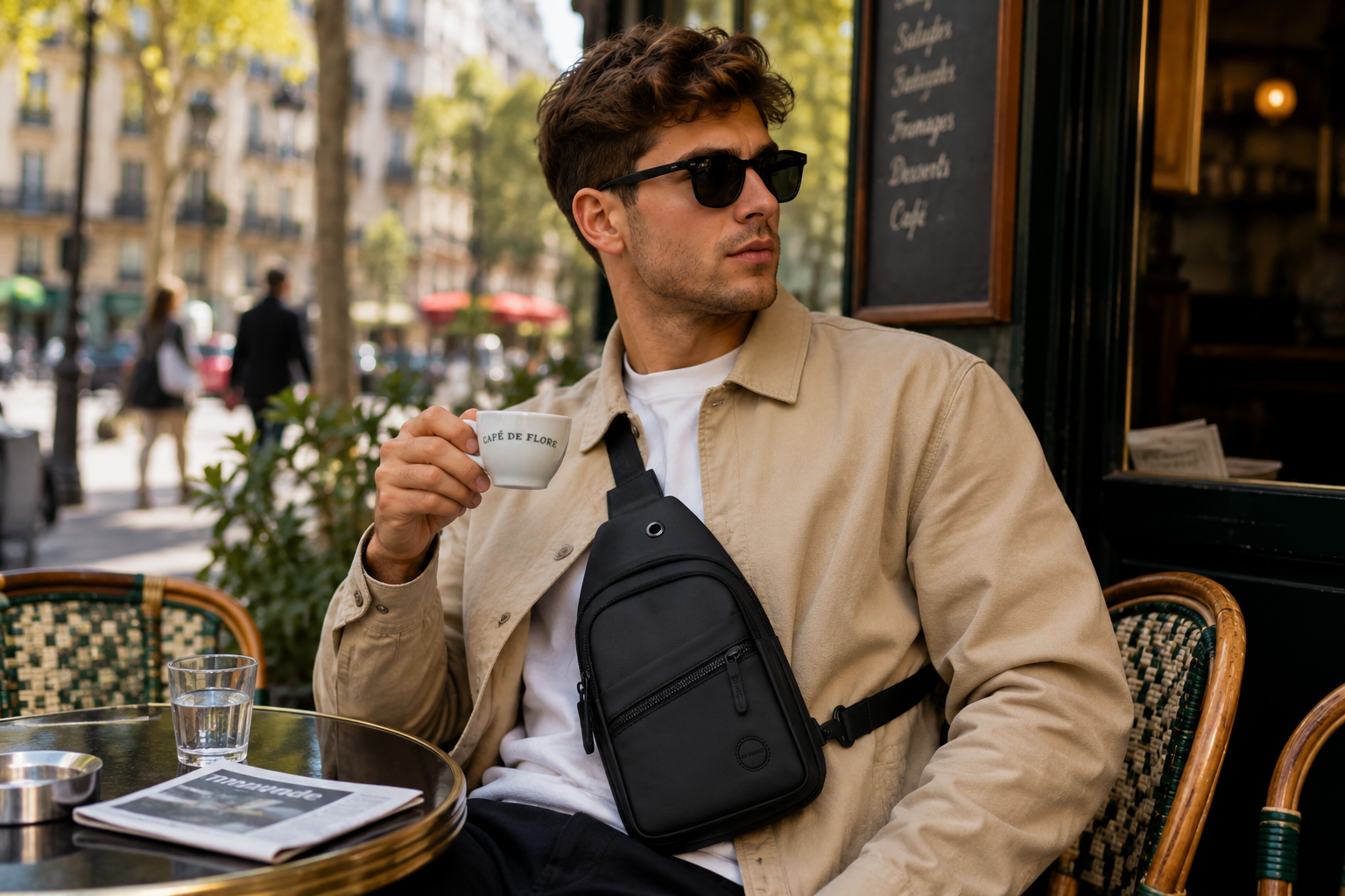 Homme portant-sac de poitrine sur terrasse