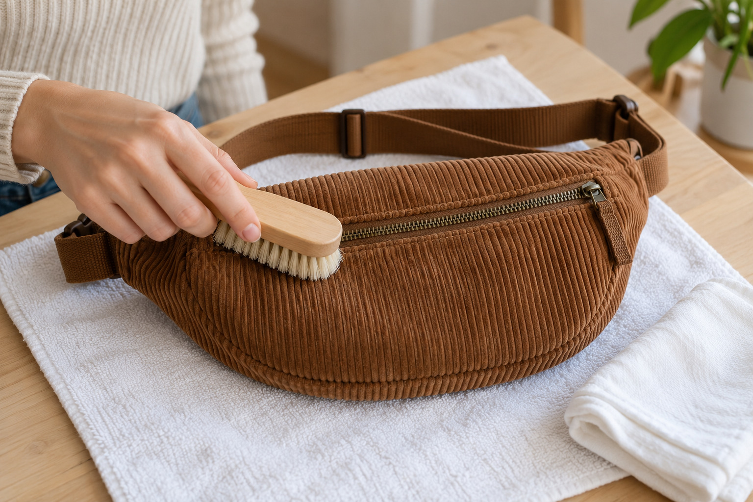 Nettoyage doux d’un sac banane marron en velours côtelé avec une brosse