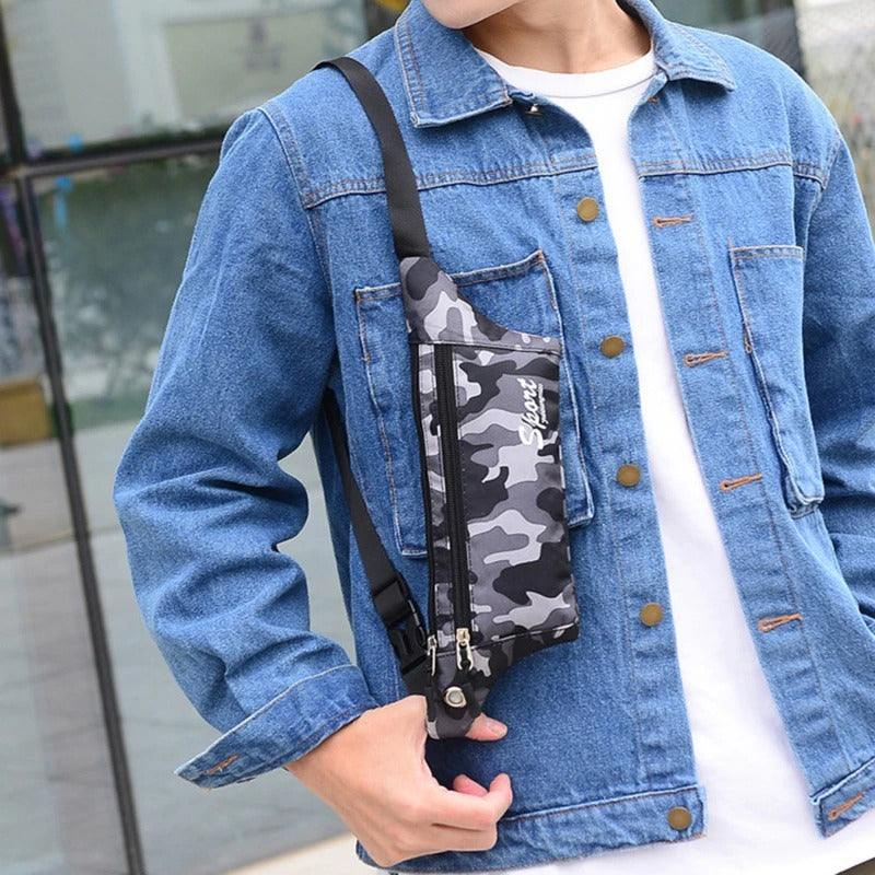 Sac banane camouflage épouse la silhouette lors d'une course en extérieur